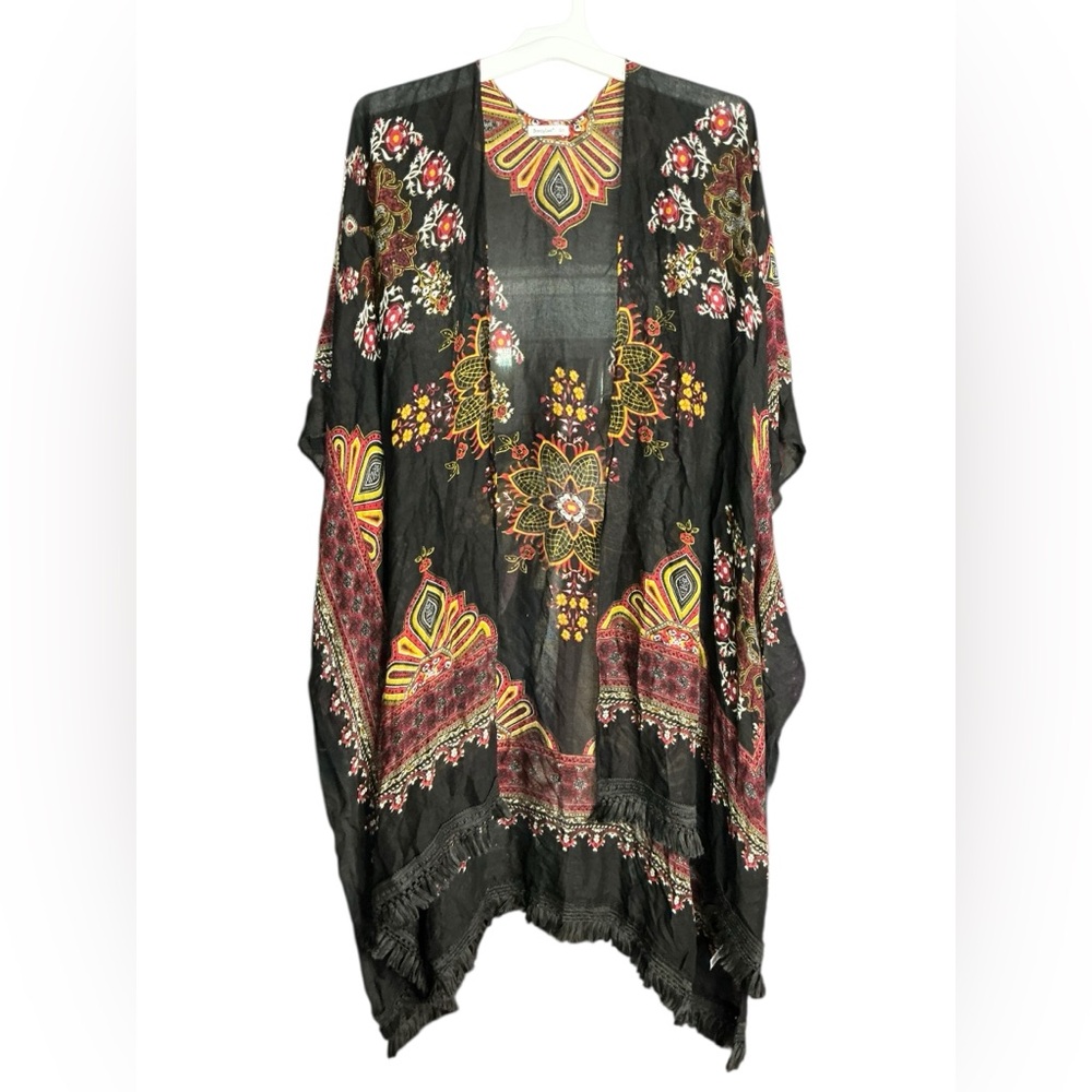 Chic Black Floral Embroidered Poncho